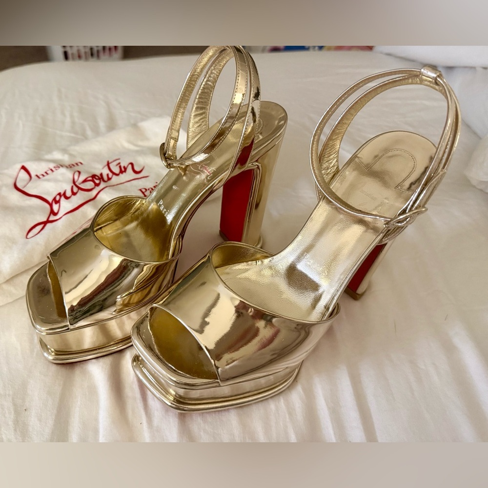 Christian Louboutin Gold Amali Alta Platform Sandals sz 38.5